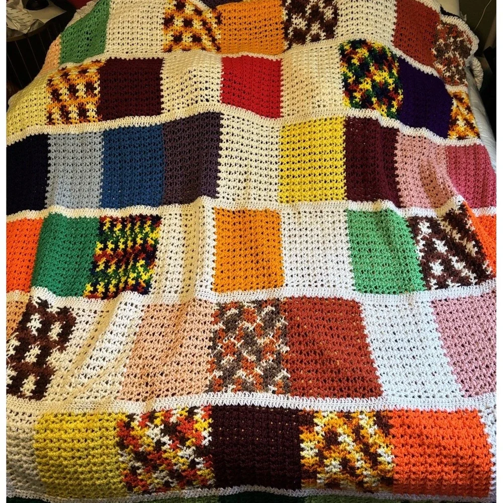 Granny Square Afghan Handmade Crochet Throw Blanket Cabin Patchwork BIG BANG 76